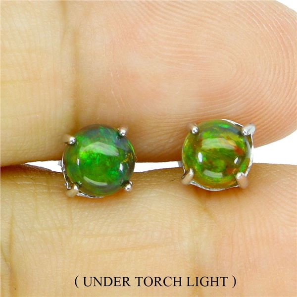6 MM ROUND CABOCHON BLACK OPAL EARRINGS 14K WHITE GOLD OVER 925 STERLING SILVER - APPRAISED REPLACEM