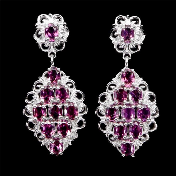 RHODOLITE GARNET EARINGS IN 14K WHITE GOLD OVER 925 STERLING SILVER - APPRAISED REPLACEMENT VALUE CA