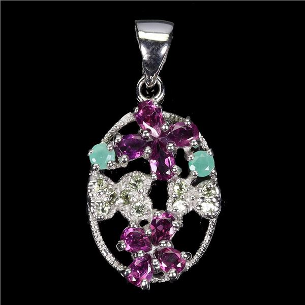 EMERALD, PERIDOT AND RHODOLITE GARNET EARRINGS IN 14K WHITE GOLD OVER 925 STERLING SILVER - APPRAISE