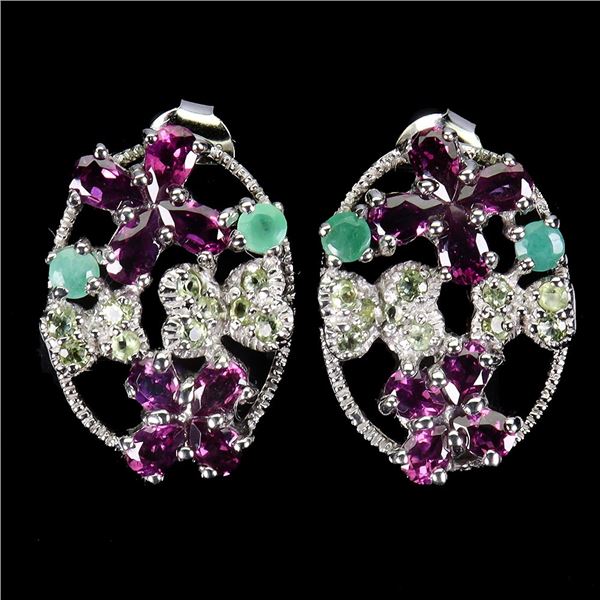 EMERALD, PERIDOT AND RHODOLITE GARNET EARRINGS IN 14K WHITE GOLD OVER 925 STERLING SILVER - APPRAISE