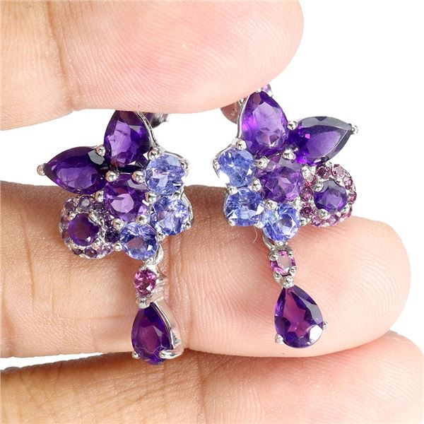 PEAR CUT 7X5 MM AMETHYST AND VALUABLE TANZANITE EARRINGS IN 14K WHITE GOLD OVER 925 STERLING SILVER
