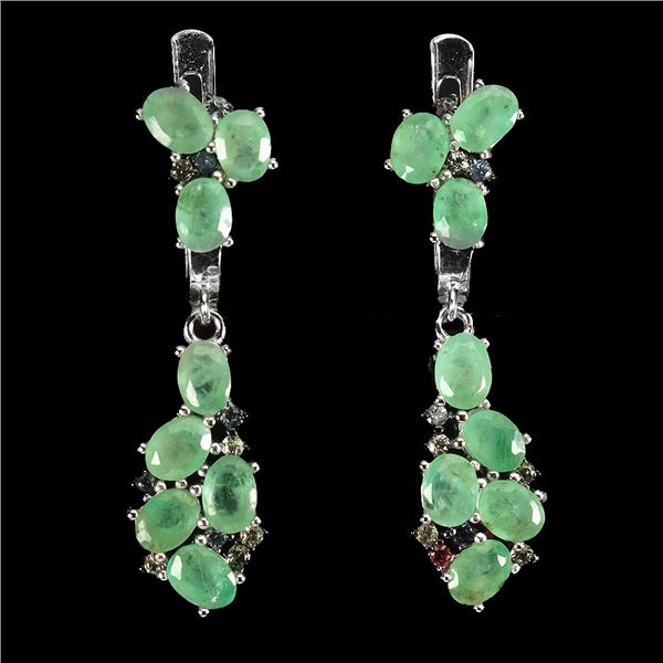 EMERALD AND SAPPHIRE EARRINGS IN 14K YELLOW GOLD OVER 925 STERLING SILVER - APPRAISED REPLACEMENT VA