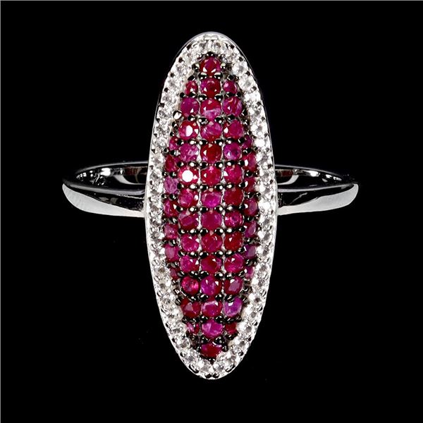 STUNNING MYANMAR (BURMA)ROUND DIAMOND CUT RUBY AND WHITE SAPPHIRE RING IN BLACK RHODIUM AND 14K WHIT