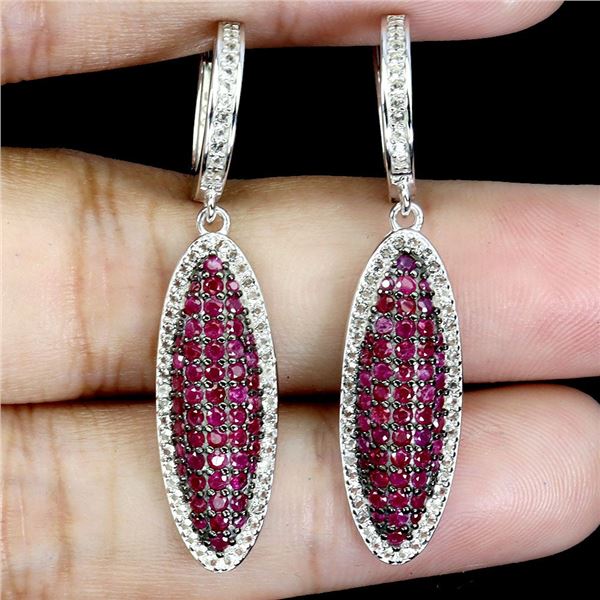 VALUABLE MYANMAR (BURMA)ROUND DIAMOND CUT RUBY AND WHITE SAPPHIRE EARRRINGS IN BLACK RHODIUM AND 14K