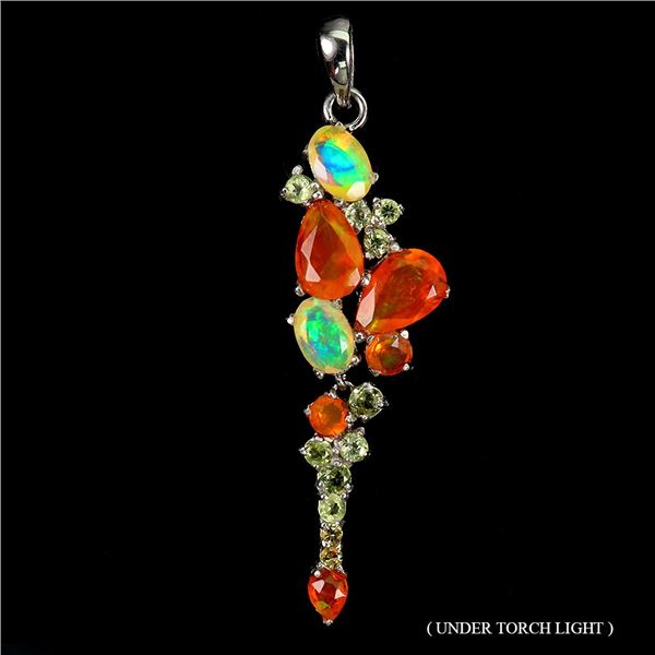 STUNNING ORANGE FIRE OPAL, CRYSTAL OPAL, PERIDOT AND SAPPHIRE PENDANT IN 14K WHITE GOLD OVER 925 STE