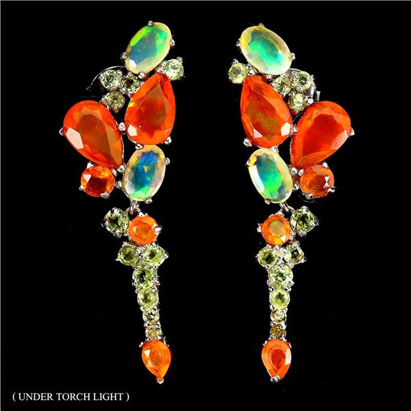 GORGEOUS ORANGE FIRE OPAL, CRYSTAL OPAL, PERIDOT AND SAPPHIRE EARRINGS IN 14K WHITE GOLD OVER 925 ST