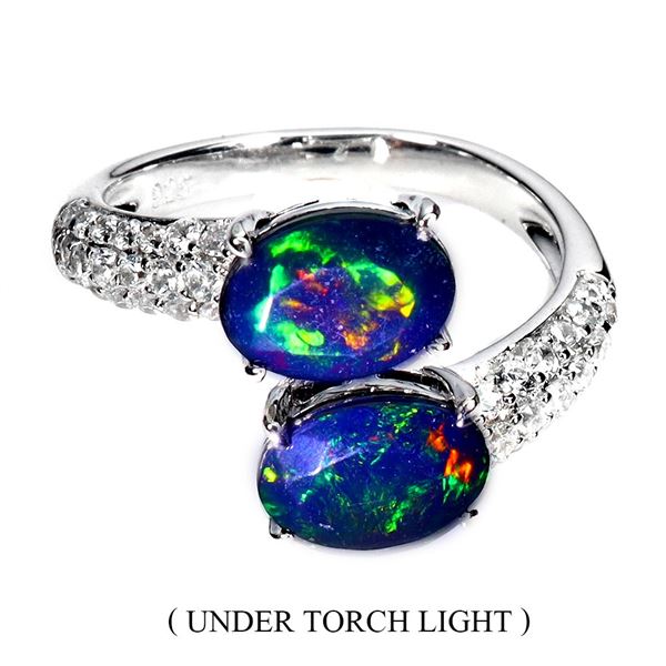 OVAL CABOCHON BLACK OPAL RING AND CZ IN 14K WHITE GOLD OVER 925 STERLING SILVER - SIZE 6 - APPRAISED