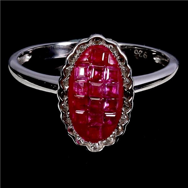 SQUARE CUT RUBY AND WHITE TOPAZ RING IN 14K WHITE GOLD OVER 925 STERLING SILVER - SIZE 6.5 - APPRAIS