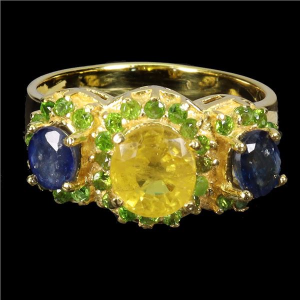 6X5 MM MADAGASCAR YELLOW SAPPHIRE, BLUE SAPPHIRE AND BEAUTIFUL CHROME DIOPSIDE RING IN 14K YELLOW GO