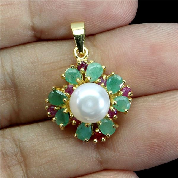 4X3 MM EMERALD, RUBY AND NATURAL PEAL OENDANT IN 14K YELLOW GOLD OVER 925 STERLING SILVER - APPRAISE