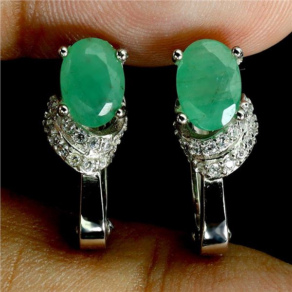 7X5 MM EMERALD EARRINGS IN 14K WHITE GOLD OVER 925 STERLING SILVER - APPRAISED REPLACEMENT VALUE CAD