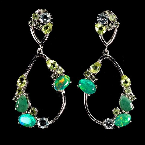 GREEN CRYSTAL OPAL, EMERALD, AQUAMARINE AND PERIDOT EARRINGS IN 14K YELLOW GOLD OVER 925 STERLING SI