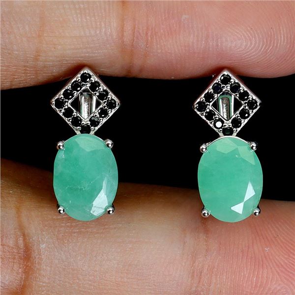 8X6 MM OVAL CUT EMERALD AND BLACK SPINEL EARRINGS IN 14K WHITE GOLD OVER 925 STERLING SILVER - SIZE 