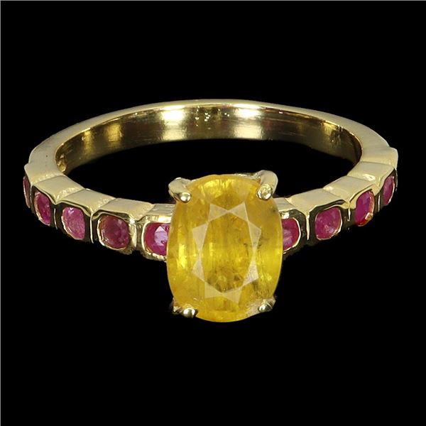 BIG 8X6 OVAL CUT YELLOW SAPPHIRE AMD RUBY RING IN 14K YELLOW GOLD OVER 925 STERLING SILVER - SIZE 9 