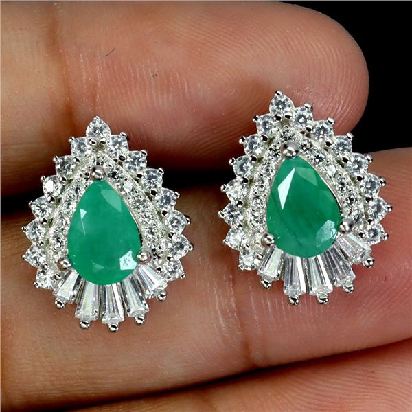 7X5 MM PEAR CUT EMERALD AND CZ EARRINGS IN 14K WHITE GOLD OVER 925 STERLING SILVER - APPRAISED REPLA