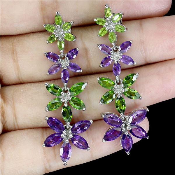 MARQUISE CUT AMETHYST AND CHROME DIOPSIDE EARRINGS IN 14K WHITE GOLD OVER 925 STERLING SILVER - APPR