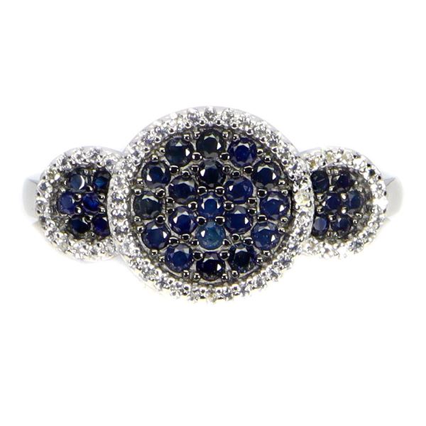 ROUND DIAMOND CUT BLUE AND WHITE SAPPHIRE RING IN BLACK RHODIUM AND 14K WHITE GOLD OVER 925 STERLING