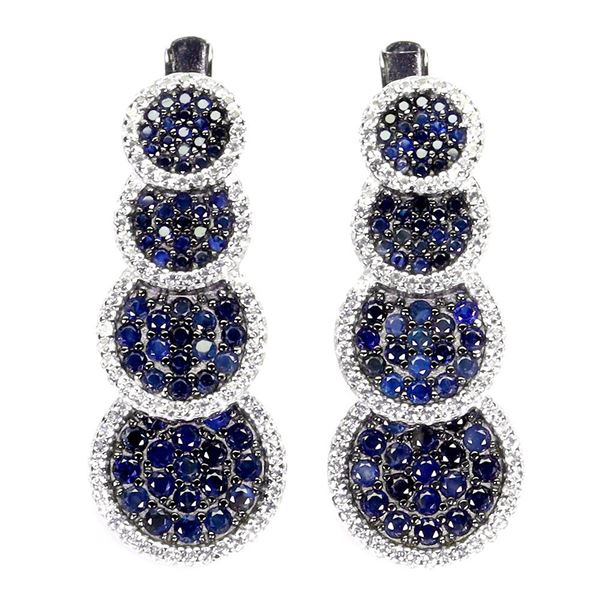 ROUND DIAMOND CUT BLUE AND WHITE SAPPHIRE EARRINGS IN BLACK RHODIUM AND 14K WHITE GOLD OVER 925 STER