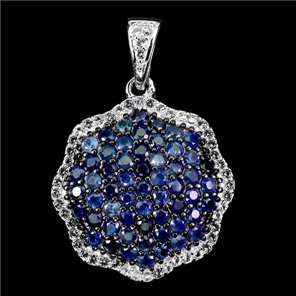 ROUND DIAMOND CUT BLUE SAPPHIRE AND WHITE TOPAZ PENDANT IN 14K WHITE GOLD OVER 925 STERLING SILVER -