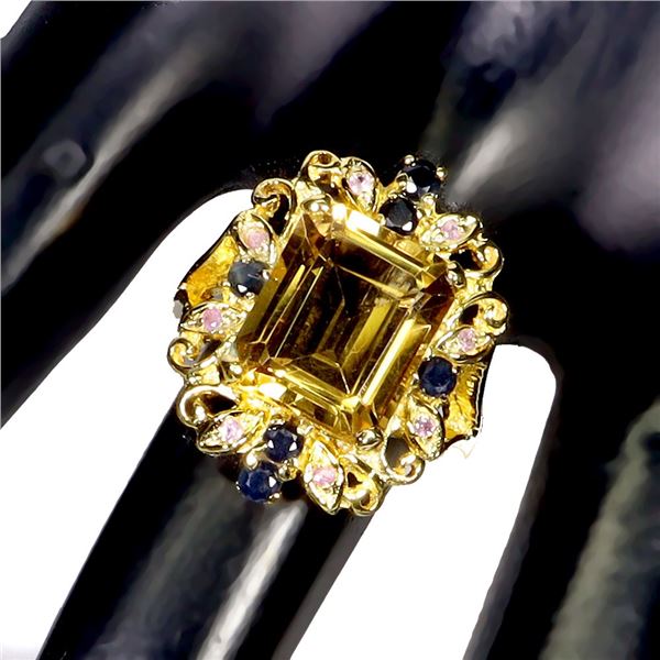 BIG 12X10 MM OCTAGON CUT CITRINE, BLUE SAPPHIRE AND RUCBY RING IN 14K WHITE GOLD OVER 925 STERLING S