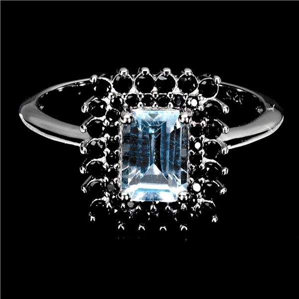 OCTAGON CUT 7X5 MM SKY BLUE TOPAZ AND BLACK SPINEL RING IN 14K WHITE GOLD OVER 925 STERLING SILVER -