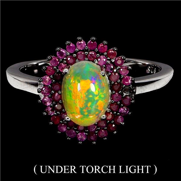 BEATIFUL BIG 8X6 MM CRYSTAL OPAL FULL PLAY OF COLOR AND DIAMOND CUT RUBY RING IN 14K WHITE GOLD OVER