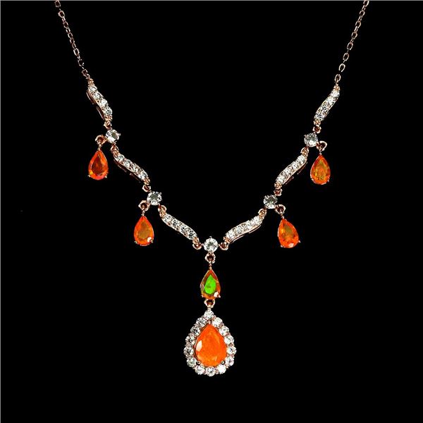 PEAR CUT ORANGE FIRE OPAL, AQUAMARINE AND CZ PENDANT IN 14K ROSE GOLD OVER 925 STERLING SILVER - 16 