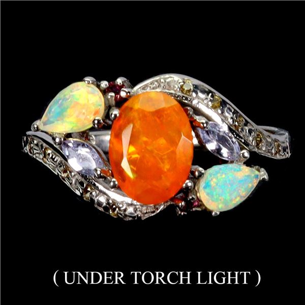 ORANGE FIRE OPAL, RHODOLITE GARNET, SAPPHIRE, TANZANITE AND CRYSTAL OPAL RING IN 14K WHITE GOLD OVER