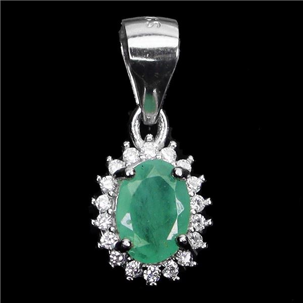 7X5 MM OVAL CUT EMERALD AND CZ PENDANT IN 14K WHITE GOLD OVER 925 STERLING SILVER - APPRAISED REPLAC