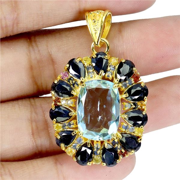 BIG 14X11 MM ANTIQUE CUT SKY BLUE TOPAZ AND SAPPHIRE PENDANT IN 14K YELLOW GOLD OVER 925 STERLING SI
