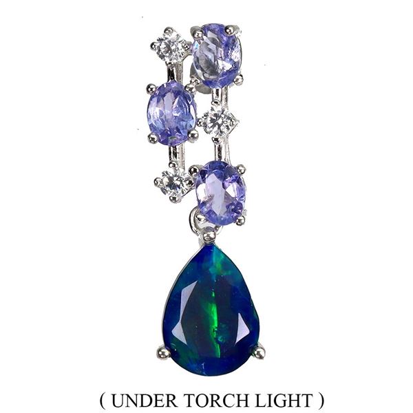 8X6 MM BLACK OPAL AND TANZANITE PENDANT IN 14K WHITE GOLD OVER 925 STERLING SILVER - APPRAISED REPLA