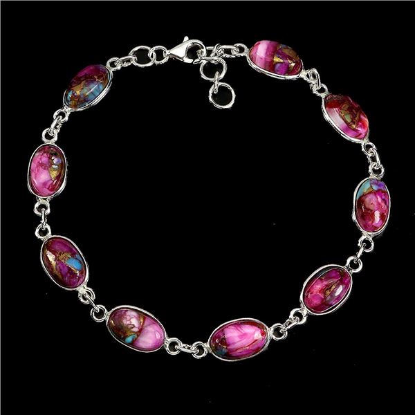 10X6 MM OVAL CABOCHON KINGMAN TURQUOISE BRACELET IN 14K WHITE GOLD OVER 925 STERLING SILVER - 7 INCH