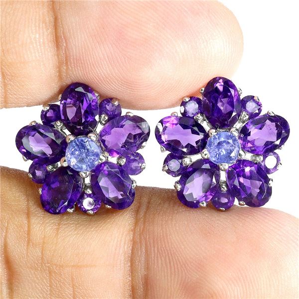 MARQUISE CUT AMETHYST AND TANZANITE EARRINGS IN 14K WHITE GOLD OVER 925 STERLING SILVER â€[