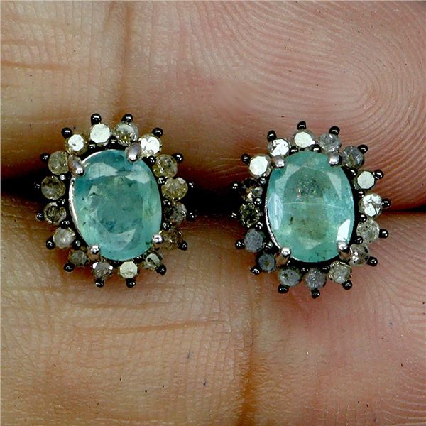 LUXURIOUS 6X4 MM GOOD CLARITY EMERALD AND 32 PCS. NATURAL DIAMONDS EARRINGS IN 14K WHITE GOLD OVER 9