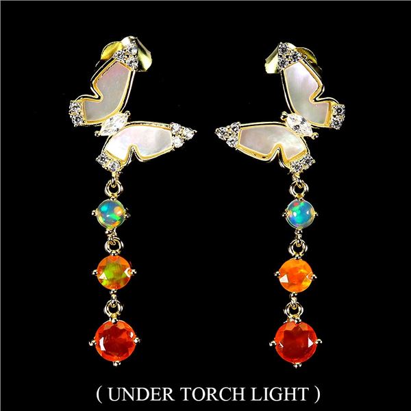 ORANGE FIRE OPAL AND CRYSTAL OPAL, MOTHER OF PEARL AND CZ EARRINGS IN 14K YELLOW GOLD OVER 925 STERL