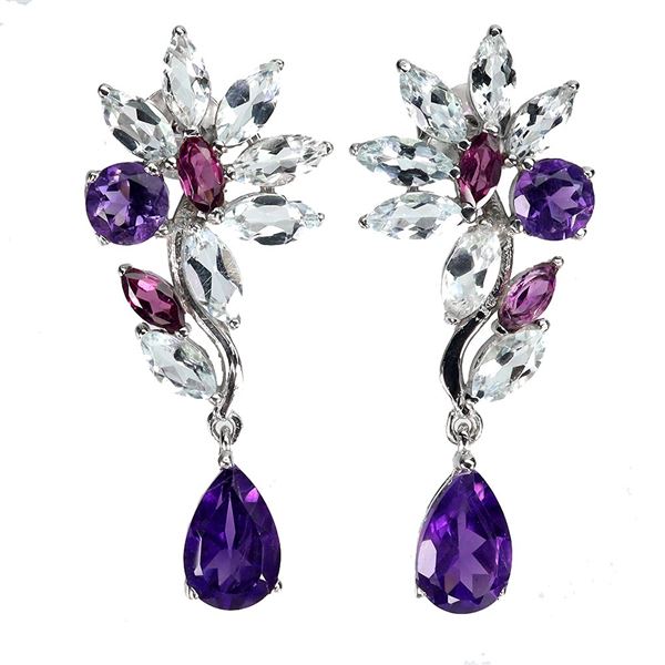 AMETHYST, AQUAMARINE AND RHODOLITE GARNET EARRINGS IN 14K WHITE GOLD OVER 925 STERLING SILVER - APPR
