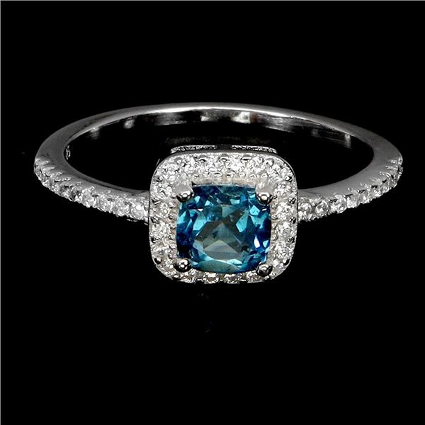 CUSHION CUT 5 MM LONDON BLUE TOPAZ RING IN 14K WHITE GOLD OVER 925 STERLING SILVER - SIZE 7