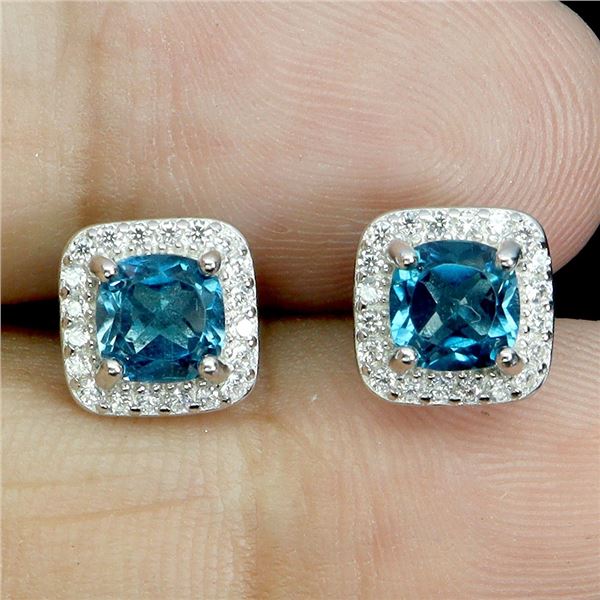 CUSHION CUT 5 MM LONDON BLUE TOPAZ EARRINGS IN 14K WHITE GOLD OVER 925 STERLING SILVER