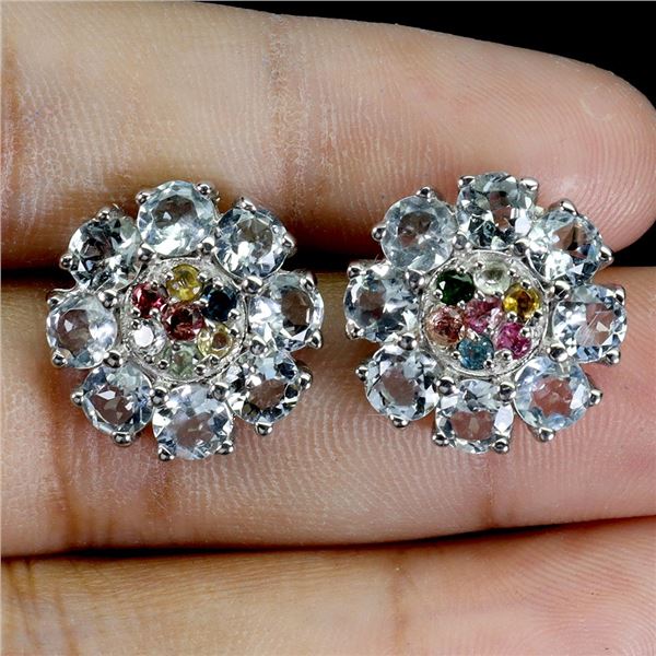 AQUAMARINE AND MULTI-COLOR TOURMALINE EARRINGS IN 14K WHITE GOLD OVER 925 STERLING SILVER - APPRAISE