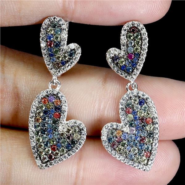MULTI-COLOR ROUND DIAMOND CUT SAPPHIRE EARRING IN 14K WHITE GOLD OVER 925 STERLING SILVER - APPRAISE