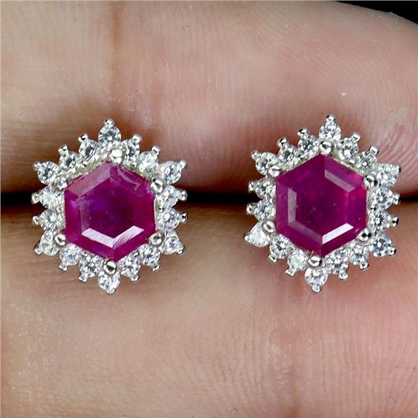 6 MM HEXAGON CUT RUBY EARRINGS AND CZ IN 14K WHITE GOLD OVER 925 STERLING SILVER - APPRAISED REPLACE