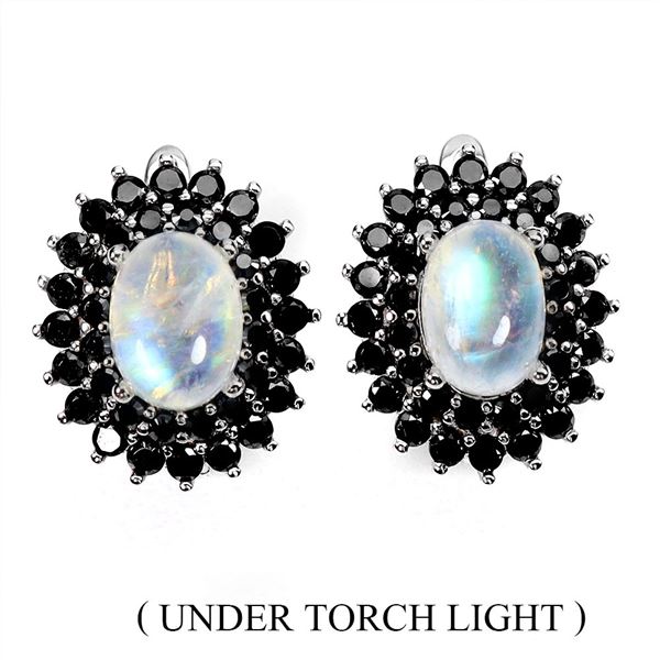7X5 MM MOONSTONE AND BLACK SPINEL EARRINGS IN 14K WHITE GOLD OVER 925 STERLING SILVER - APPRAISED RE