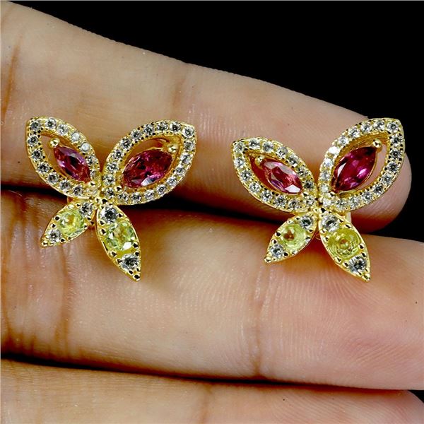 MARQUISE CUT RHODOLITE GARNET, PERIDOT AND CZ EARRINGS IN 14K YELLOW GOLD OVER 925 STERLING SILVER -