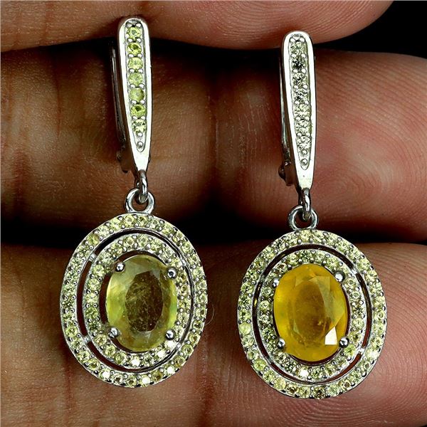 BIG 8X6 MM OVAL CUT YELLOW SAPPHIRE AND ROUND DIAMOND CUT YELLOW SAPPHIRE EARRINGS IN 14K WHITE GOLD