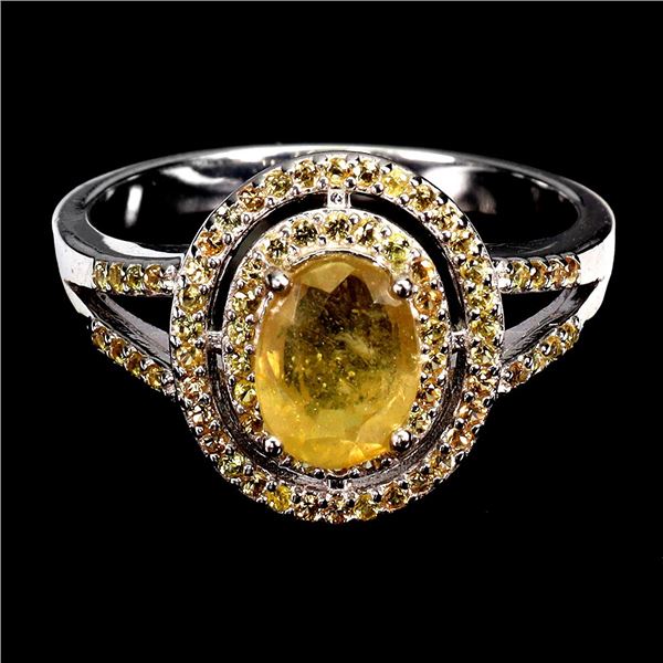 BIG 8X6 MM OVAL CUT YELLOW SAPPHIRE AND ROUND DIAMOND CUT YELLOW SAPPHIRERING IN 14K WHITE GOLD OVER