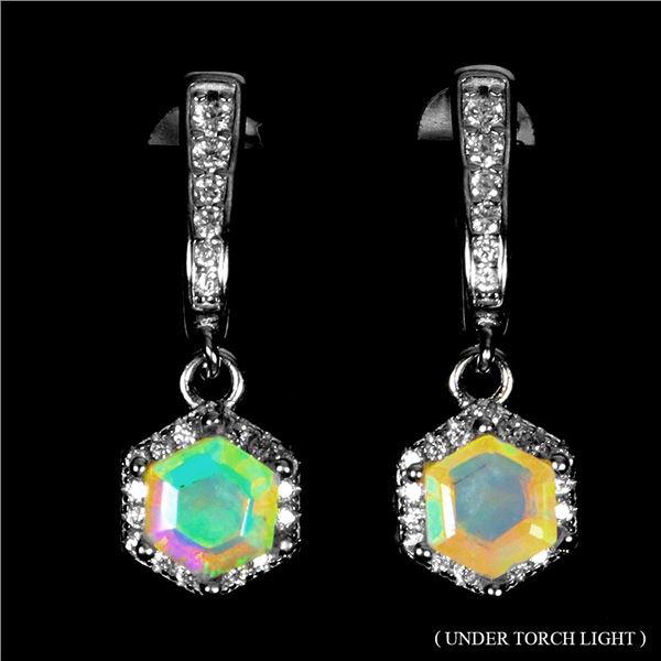 5 MM HEXAGON CUT OPAL EARRINGS IN 14K WHITE GOLD OVER 925 STERLING SILVER - APPRAISED REPLACEMENT VA