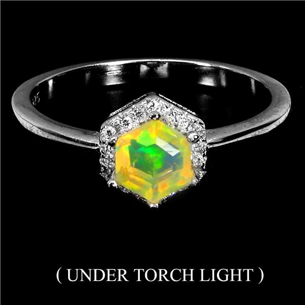 5 MM HEXAGON CUT OPAL RING IN 14K WHITE GOLD OVER 925 STERLING SILVER â€“ SIZE 6 -