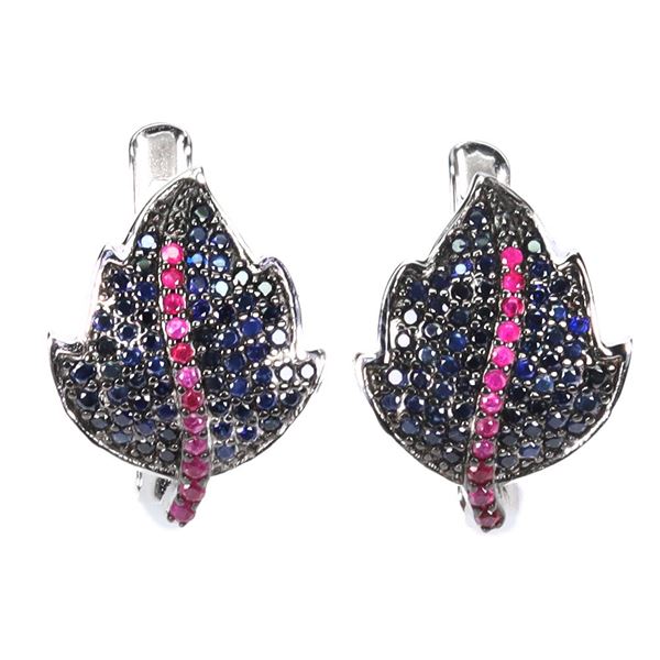 ROUND SAPPHIRE AND DIAMOND CUT RUBY LEAVE-SHAPED EARRINGS IN 2-TONE BLACK RHODIUM AND 14K WHITE GOLD