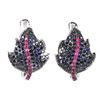 Image 1 : ROUND SAPPHIRE AND DIAMOND CUT RUBY LEAVE-SHAPED EARRINGS IN 2-TONE BLACK RHODIUM AND 14K WHITE GOLD