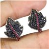 Image 2 : ROUND SAPPHIRE AND DIAMOND CUT RUBY LEAVE-SHAPED EARRINGS IN 2-TONE BLACK RHODIUM AND 14K WHITE GOLD